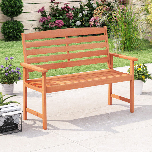 2-Person Wooden Garden Bench with Slatted Backrest and Comfortable Armrests
