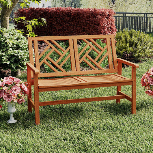 Outdoor Bench Wood 2-Person Patio Loveseat Chair with Geometric Backrest W2B