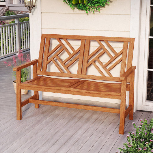 Outdoor Bench Wood 2-Person Patio Loveseat Chair with Geometric Backrest W2B