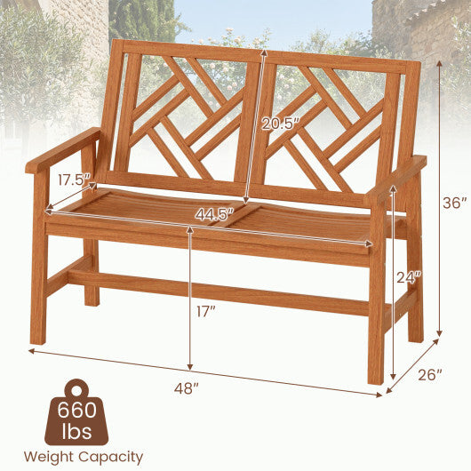 Outdoor Bench Wood 2-Person Patio Loveseat Chair with Geometric Backrest W2B