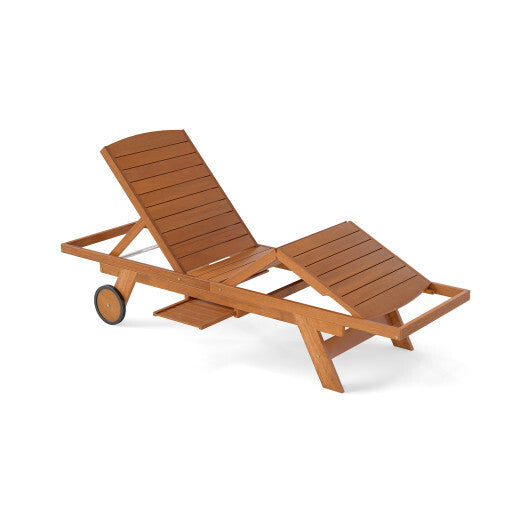 Outdoor Chaise Lounge Chair with Wheels 4-Position Patio Wood Recliner with Adjustable Backrest W2B