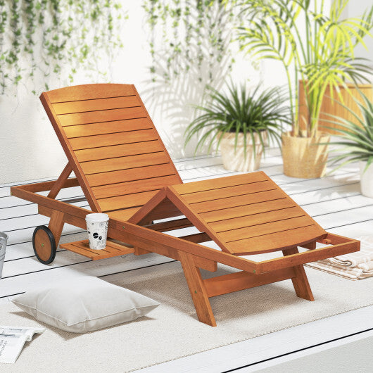 Outdoor Chaise Lounge Chair with Wheels 4-Position Patio Wood Recliner with Adjustable Backrest W2B