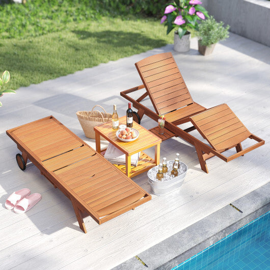 Outdoor Chaise Lounge Chair with Wheels 4-Position Patio Wood Recliner with Adjustable Backrest W2B