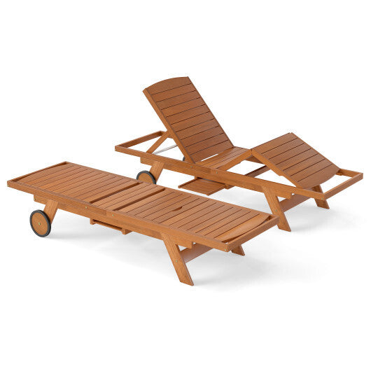 Outdoor Chaise Lounge Chair with Wheels 4-Position Patio Wood Recliner with Adjustable Backrest W2B