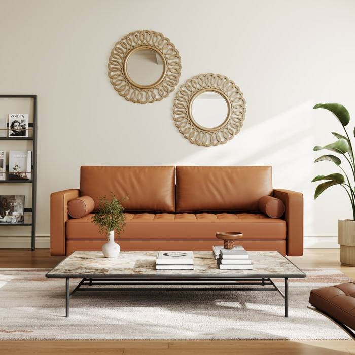 Terracotta Upholstered Faux Leather Sofa w/ Pillows Solid Hardwood Legs FastFurnishings