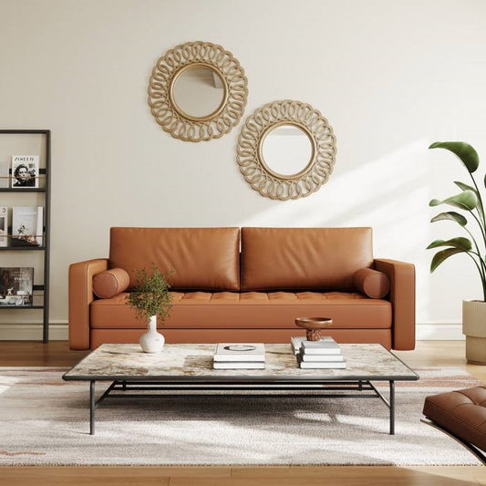 Terracotta Upholstered Faux Leather Sofa w/ Pillows Solid Hardwood Legs FastFurnishings