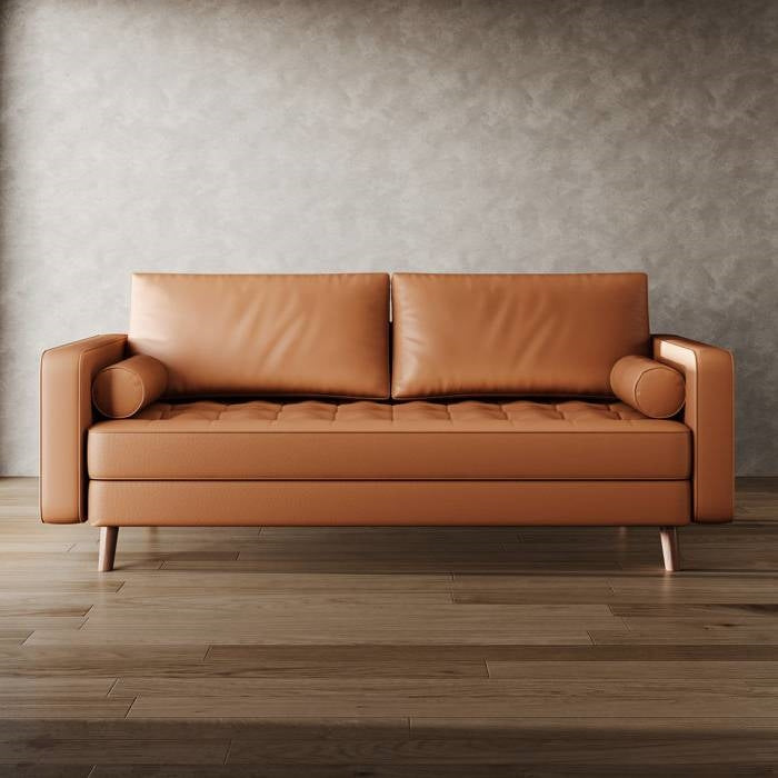 Terracotta Upholstered Faux Leather Sofa w/ Pillows Solid Hardwood Legs FastFurnishings