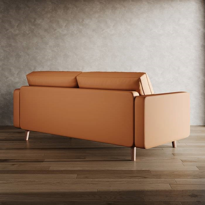 Terracotta Upholstered Faux Leather Sofa w/ Pillows Solid Hardwood Legs FastFurnishings