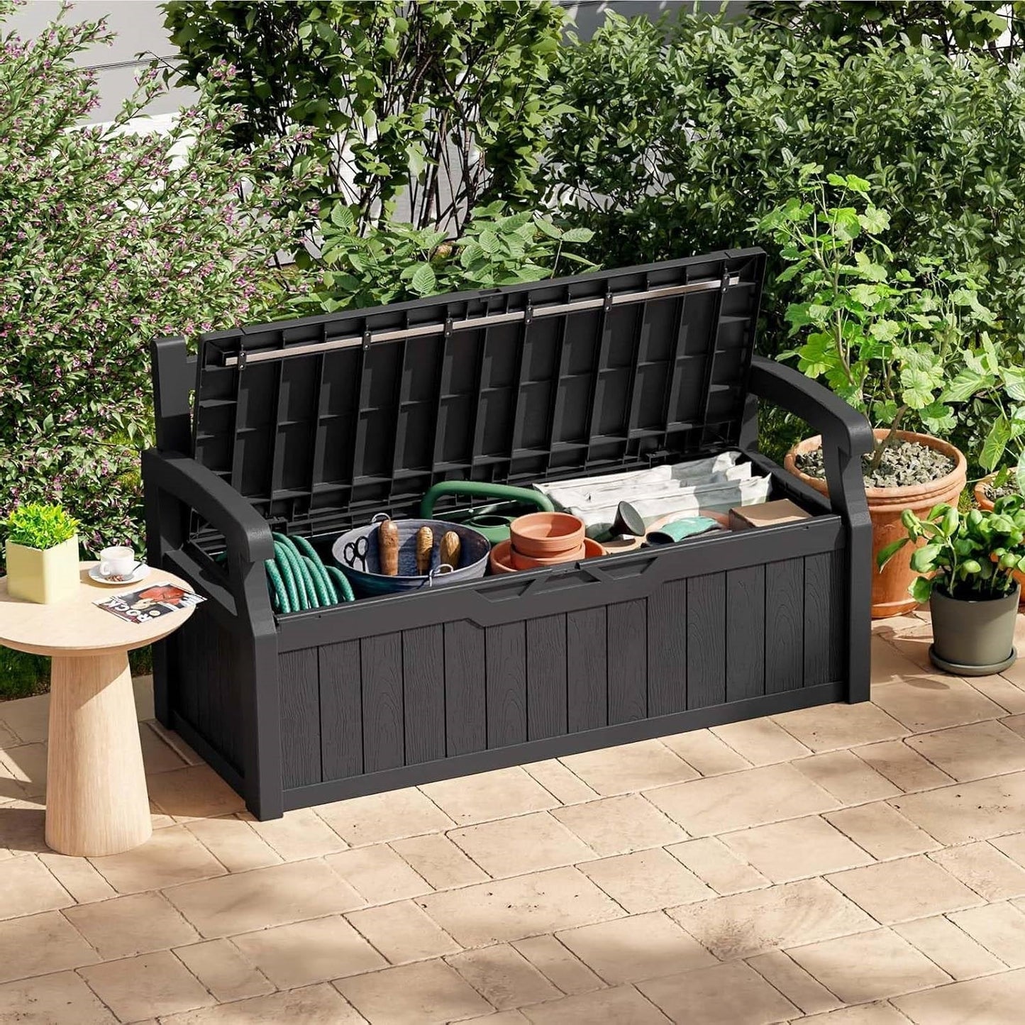 Heavy Duty Black Plastic Outdoor Storage Garden Bench Patio Deck Box FastFurnishings