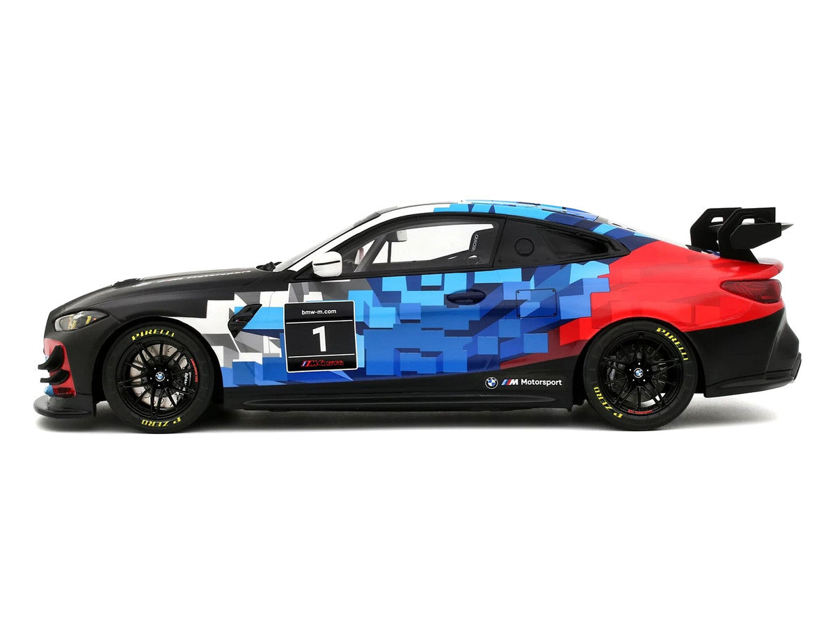 2024 BMW M4 GT4 #1 "M Motorsport Livery" Black and White with Red and Blue Graphics Limited Edition to 999 pieces Worldwide 1/18 Model Car by Otto Mobile-1