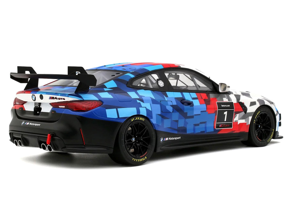2024 BMW M4 GT4 #1 "M Motorsport Livery" Black and White with Red and Blue Graphics Limited Edition to 999 pieces Worldwide 1/18 Model Car by Otto Mobile-2