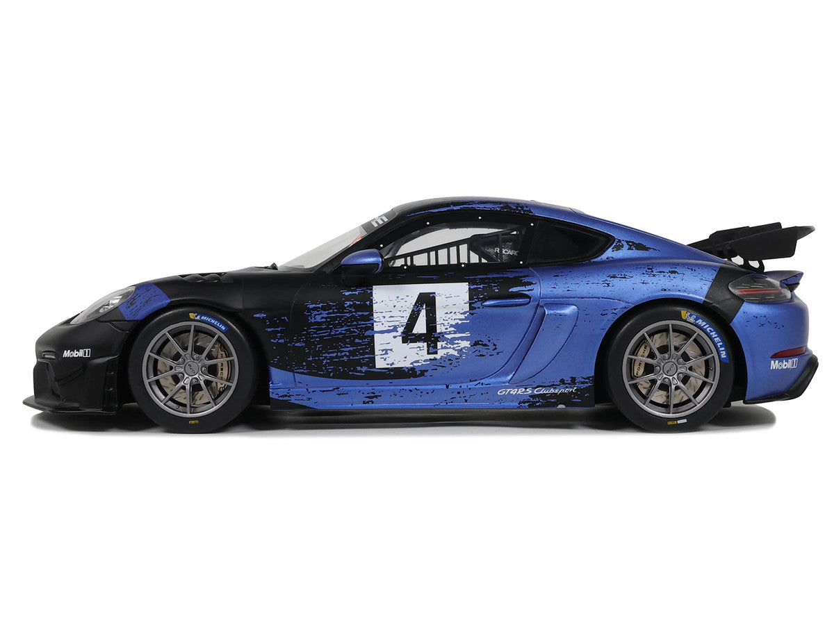 2021 Porsche Cayman 718 GT4 RS Clubsport #4 Black with Blue Graphics Limited Edition to 999 pieces Worldwide 1/18 Model Car by Otto Mobile Otto Mobile