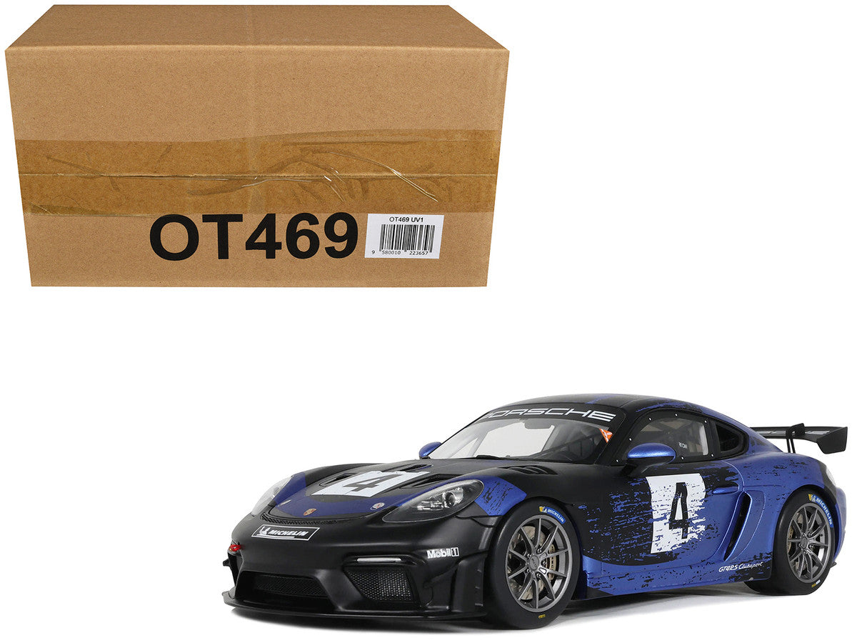 2021 Porsche Cayman 718 GT4 RS Clubsport #4 Black with Blue Graphics Limited Edition to 999 pieces Worldwide 1/18 Model Car by Otto Mobile Otto Mobile