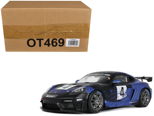 2021 Porsche Cayman 718 GT4 RS Clubsport #4 Black with Blue Graphics Limited Edition to 999 pieces Worldwide 1/18 Model Car by Otto Mobile Otto Mobile