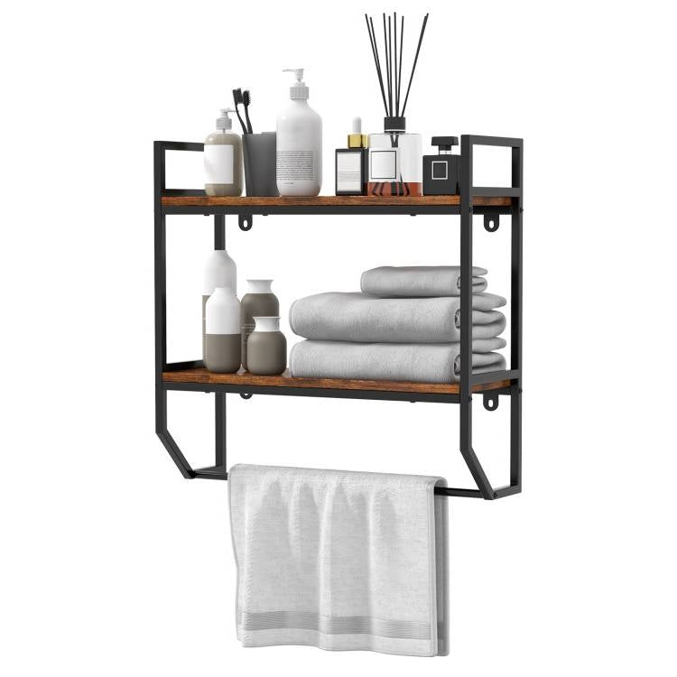 Wall Mounted Over Toilet 2-Shelf Bathroom Shelving Unit with Towel Bar FastFurnishings