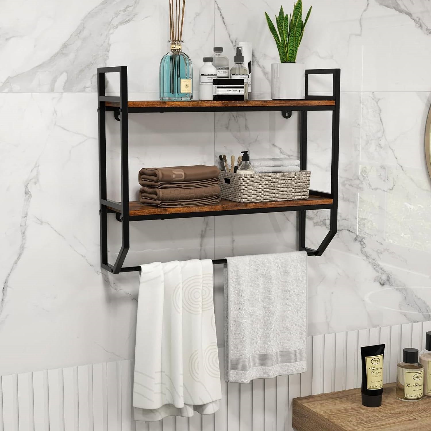 Wall Mounted Over Toilet 2-Shelf Bathroom Shelving Unit with Towel Bar FastFurnishings