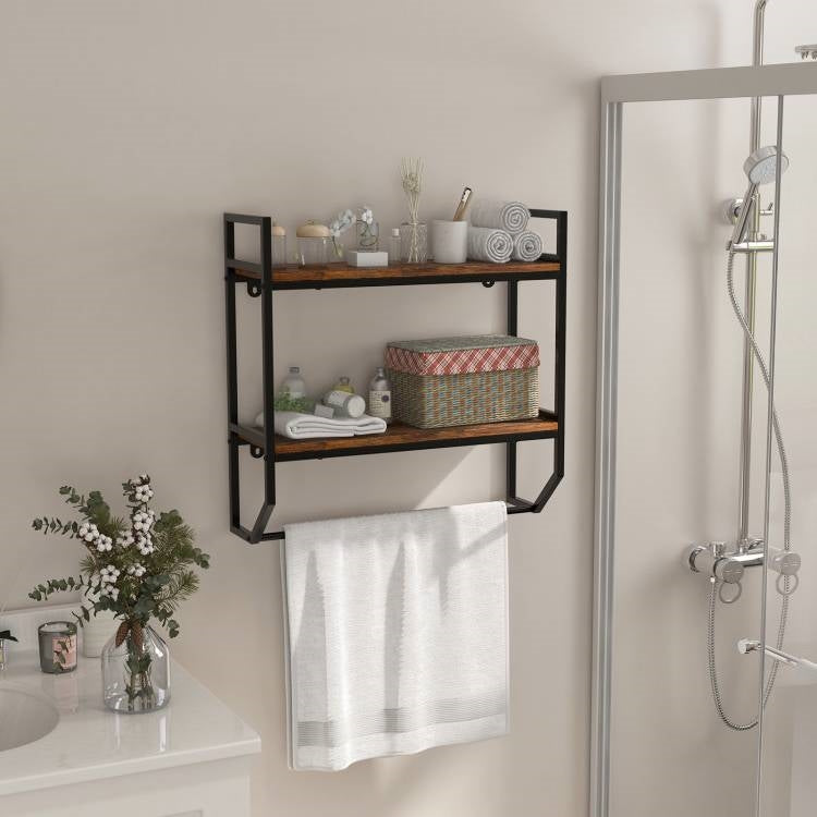 Wall Mounted Over Toilet 2-Shelf Bathroom Shelving Unit with Towel Bar FastFurnishings