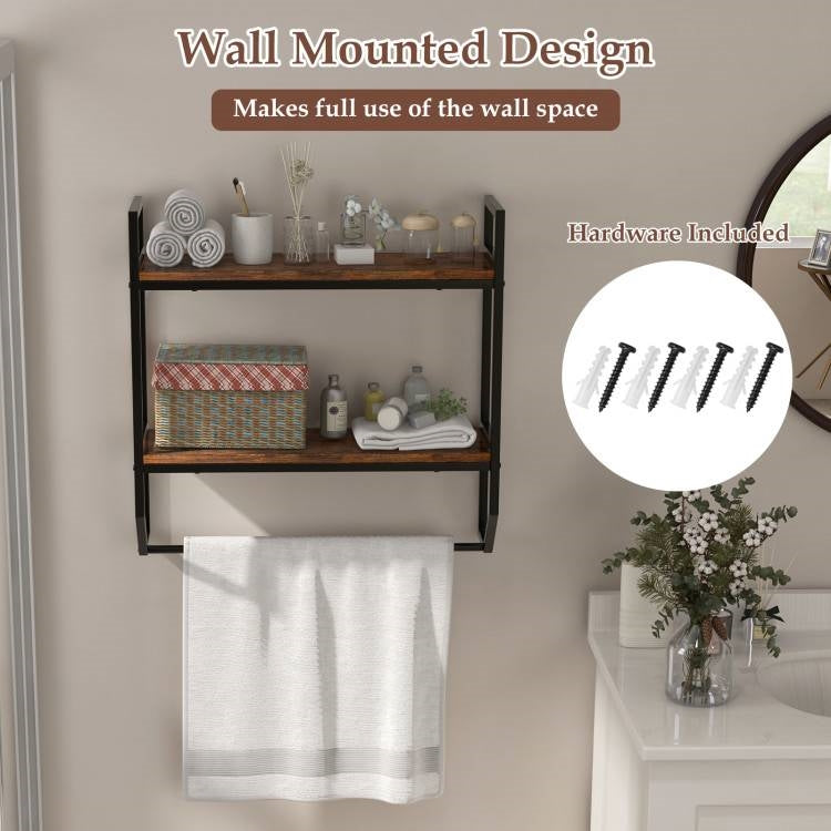 Wall Mounted Over Toilet 2-Shelf Bathroom Shelving Unit with Towel Bar FastFurnishings