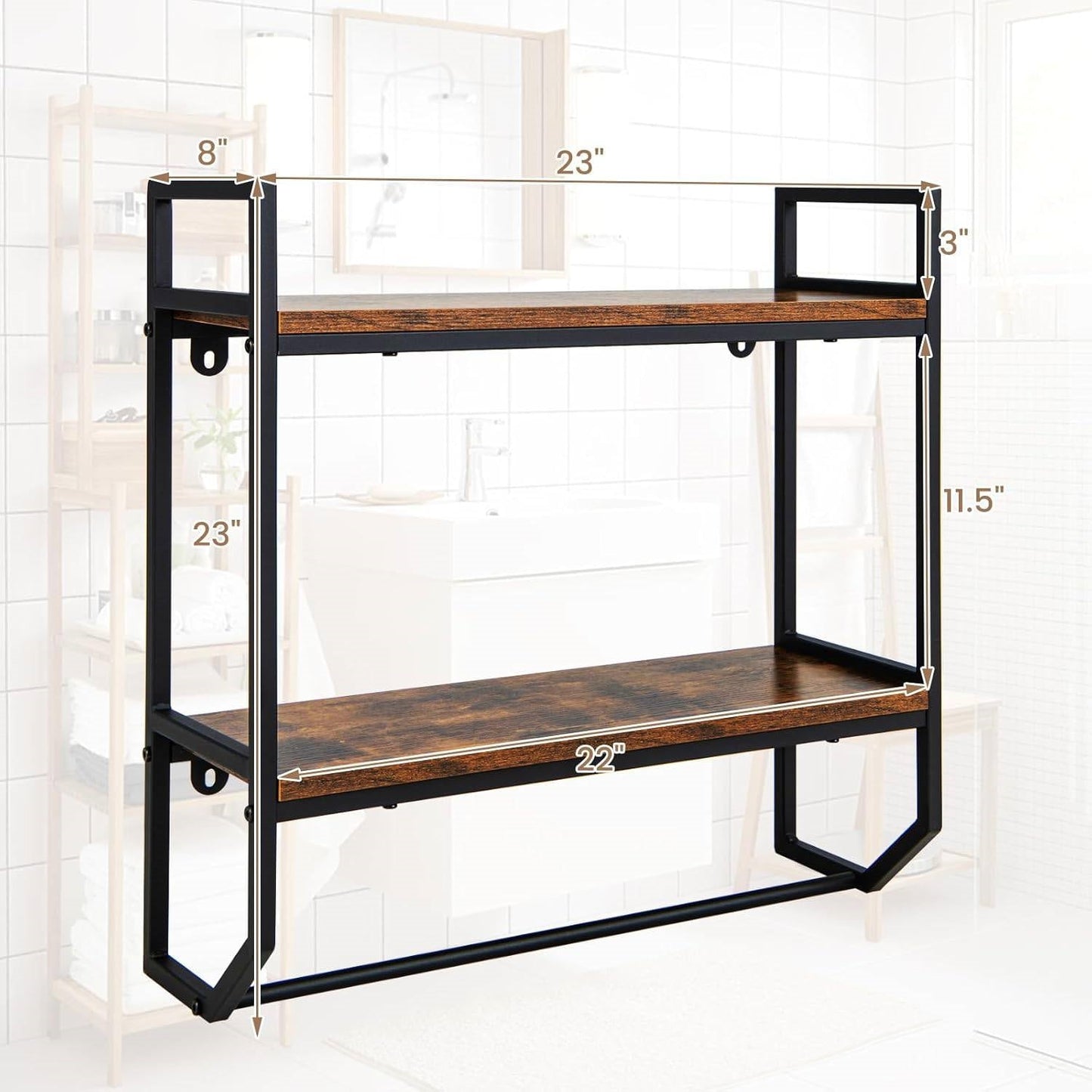 Wall Mounted Over Toilet 2-Shelf Bathroom Shelving Unit with Towel Bar FastFurnishings