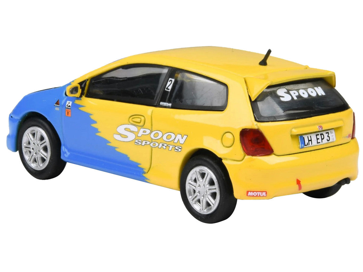 2001 Honda Civic Type R EP3 Blue and Yellow with Black Hood "Spoon Sports" 1/64 Diecast Model Car by Paragon Models Paragon