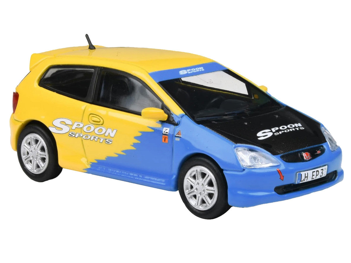2001 Honda Civic Type R EP3 Blue and Yellow with Black Hood "Spoon Sports" 1/64 Diecast Model Car by Paragon Models-3