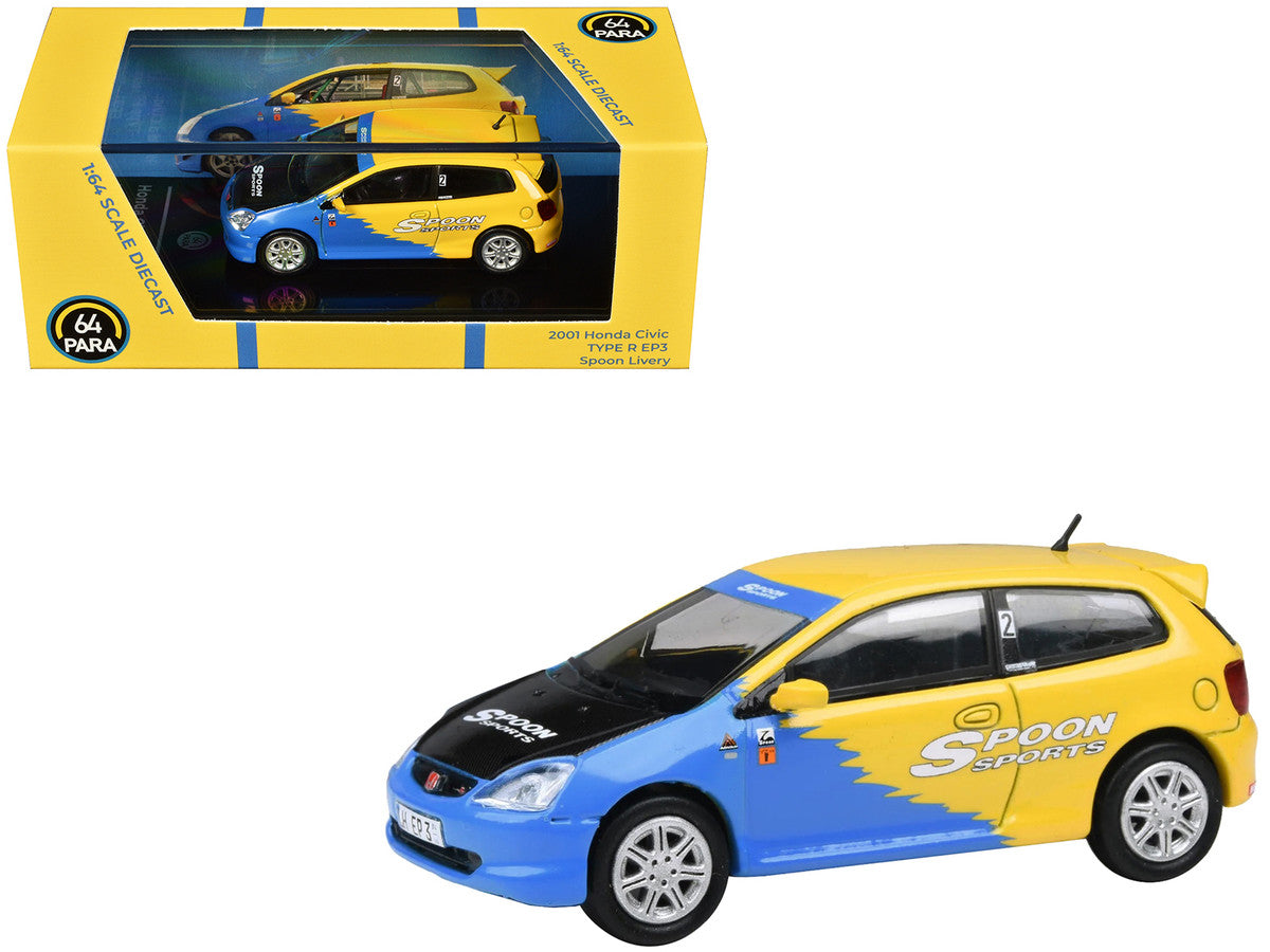 2001 Honda Civic Type R EP3 Blue and Yellow with Black Hood "Spoon Sports" 1/64 Diecast Model Car by Paragon Models-0