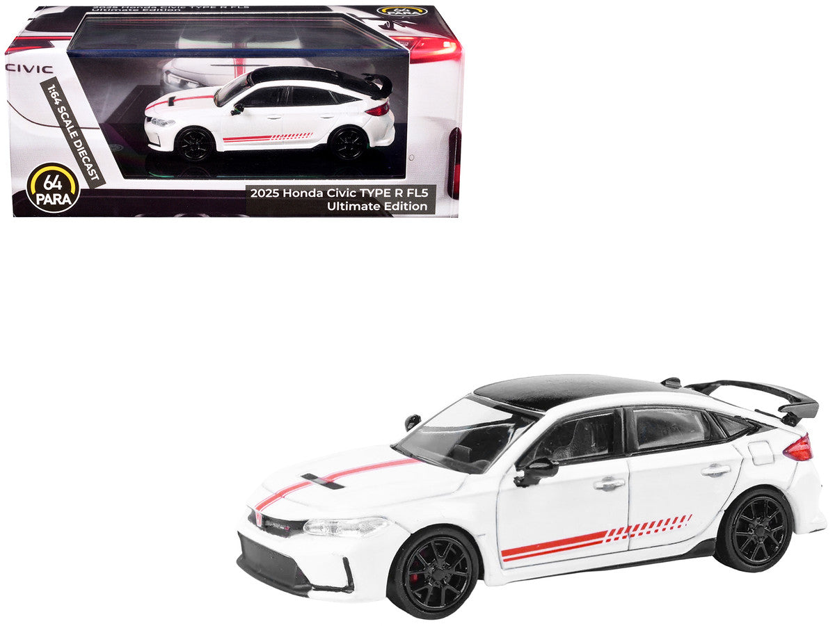 2025 Honda Civic Type R FL5 "Ultimate Edition" White with Red Stripes and Black Top 1/64 Diecast Model Car by Paragon-3