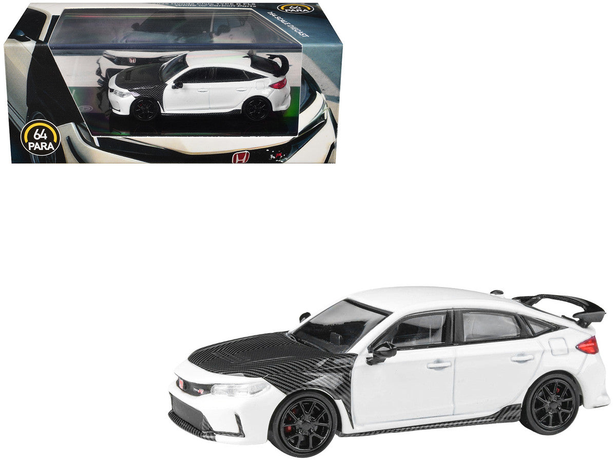 2025 Honda Civic Type R FL5 White with Carbon Hood and Accents 1/64 Diecast Model Car by Paragon Models Paragon