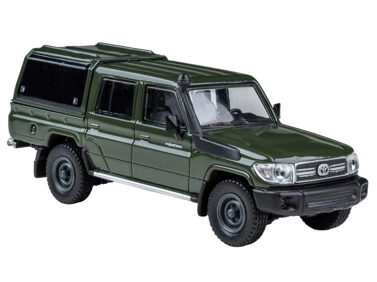 2014 Toyota Land Cruiser LC 79 with Camper Shell Military Green 1/64 Diecast Model Car by Paragon Models-1