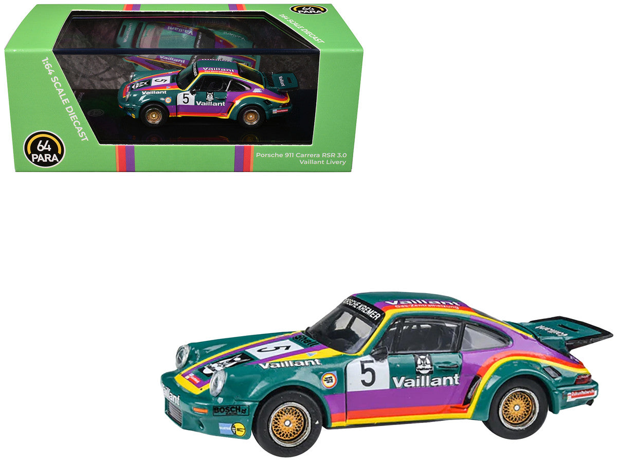 1975 Porsche 911 Carrera RSR 3.0 #5 "Kremer Racing - Vaillant" Green with Stripes 1/64 Diecast Model Car by Paragon Models Paragon