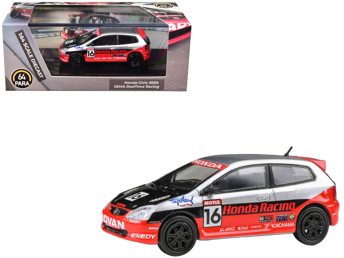 2005 Honda Civic #16 "SEMA RealTime Racing" Silver Metallic and Red with Black Graphics 1/64 Diecast Model Car by Paragon Models Paragon