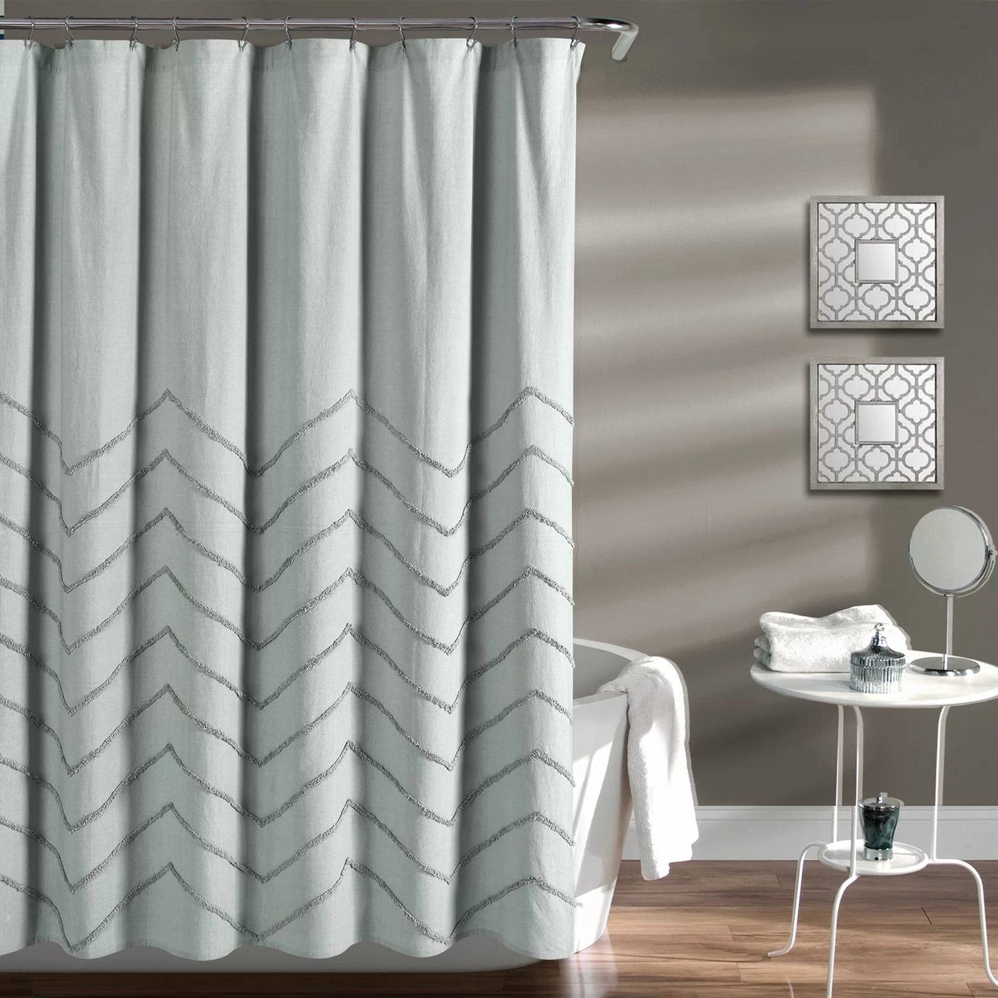 72-inch Pastel Blue Chenille Cotton Shower Curtain with Chevron Pattern FastFurnishings