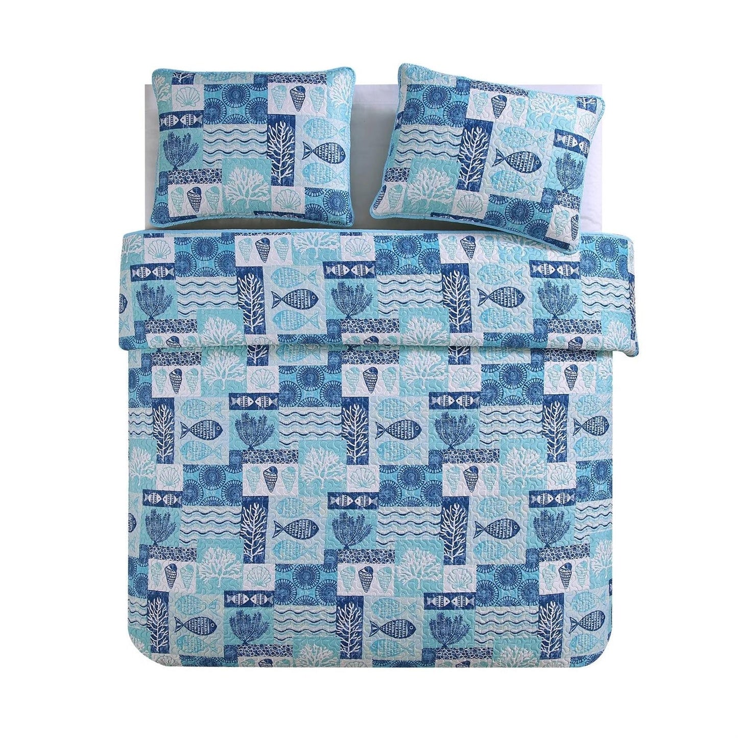 Full/Queen Aqua Blue Cream Beach Sea Shells Coral Fish Coastal 3-Piece Quilt Set FastFurnishings