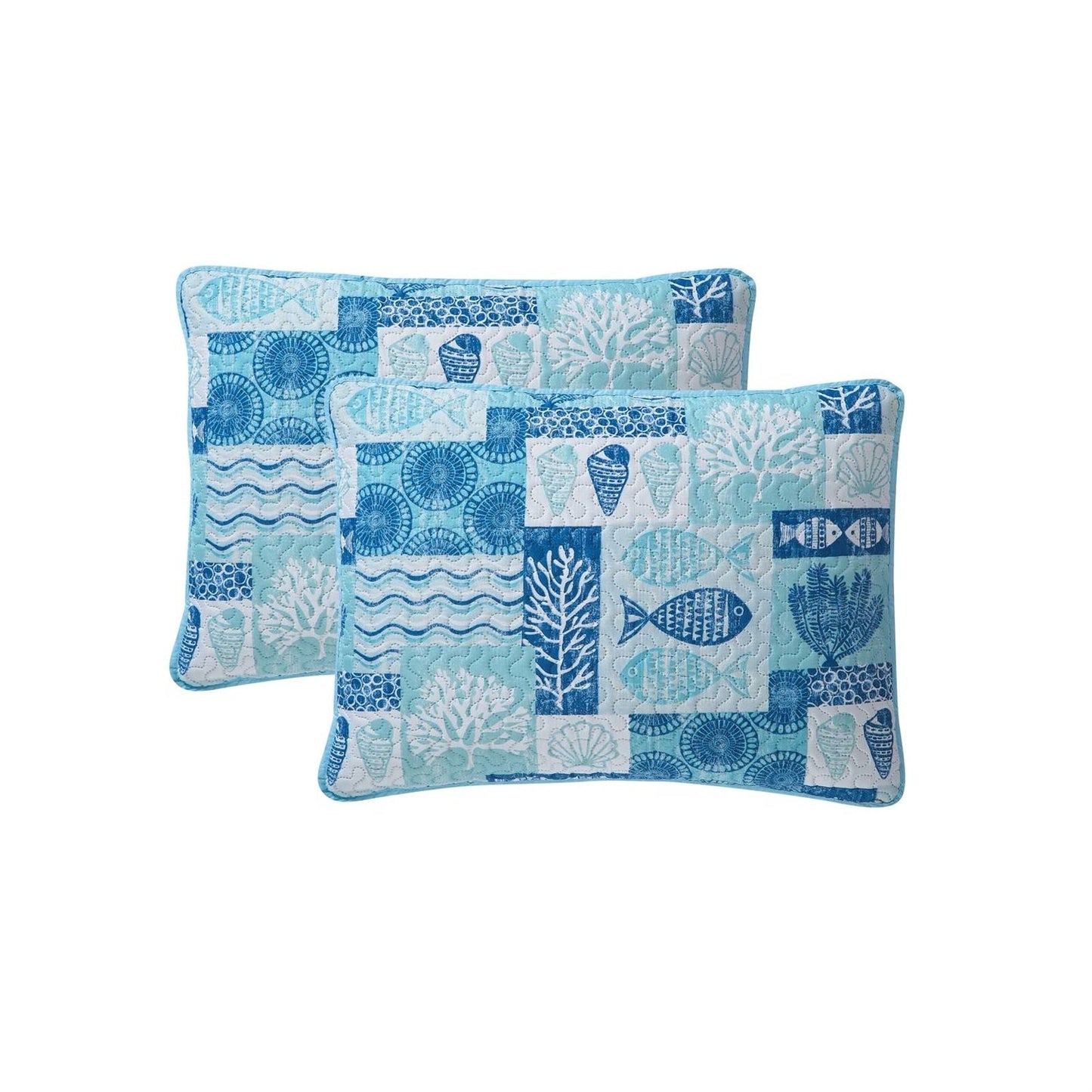 Full/Queen Aqua Blue Cream Beach Sea Shells Coral Fish Coastal 3-Piece Quilt Set FastFurnishings