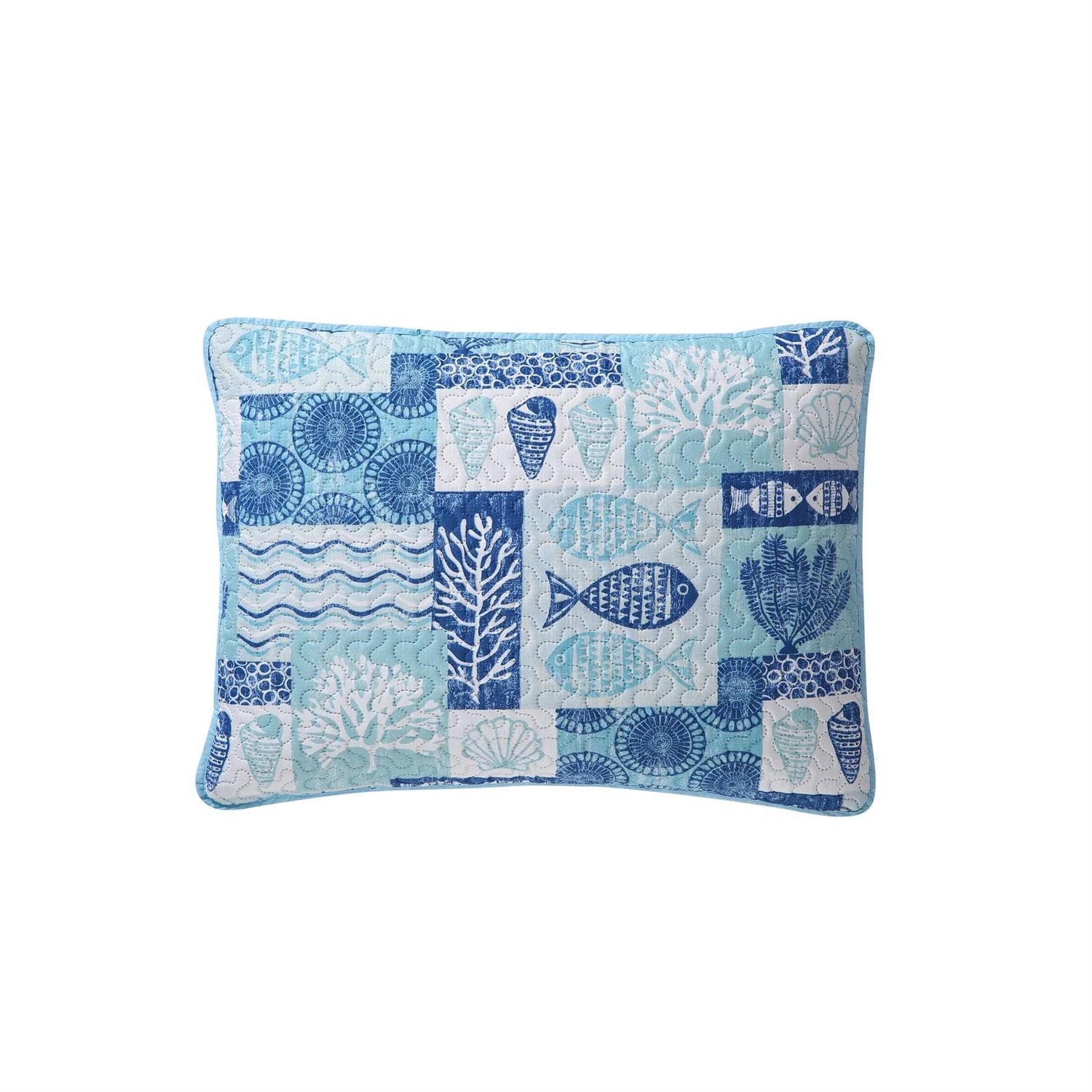 Full/Queen Aqua Blue Cream Beach Sea Shells Coral Fish Coastal 3-Piece Quilt Set FastFurnishings