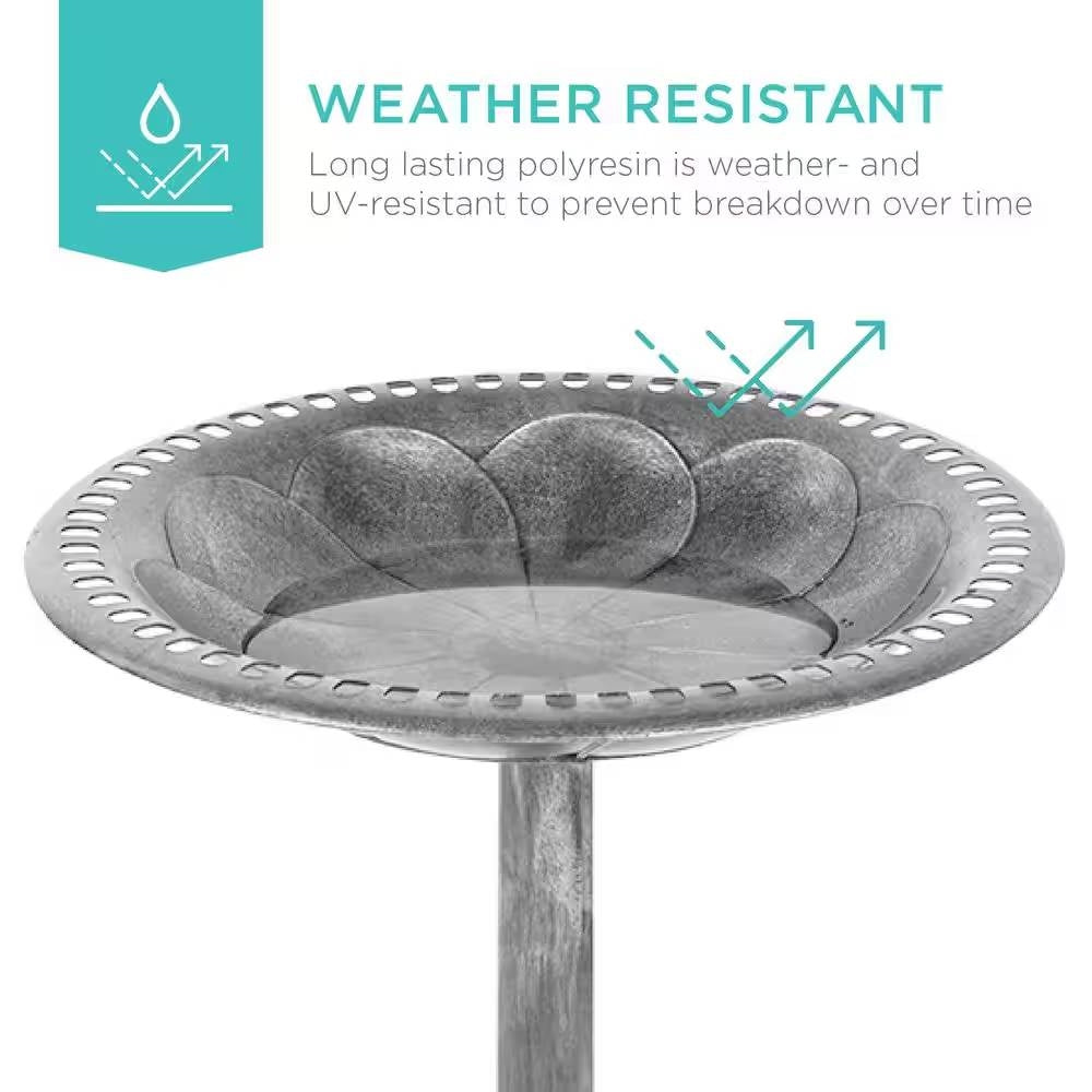 Outdoor Weather Resistant Polyresin Bird Bath in Rustic Aged Silver Finish FastFurnishings