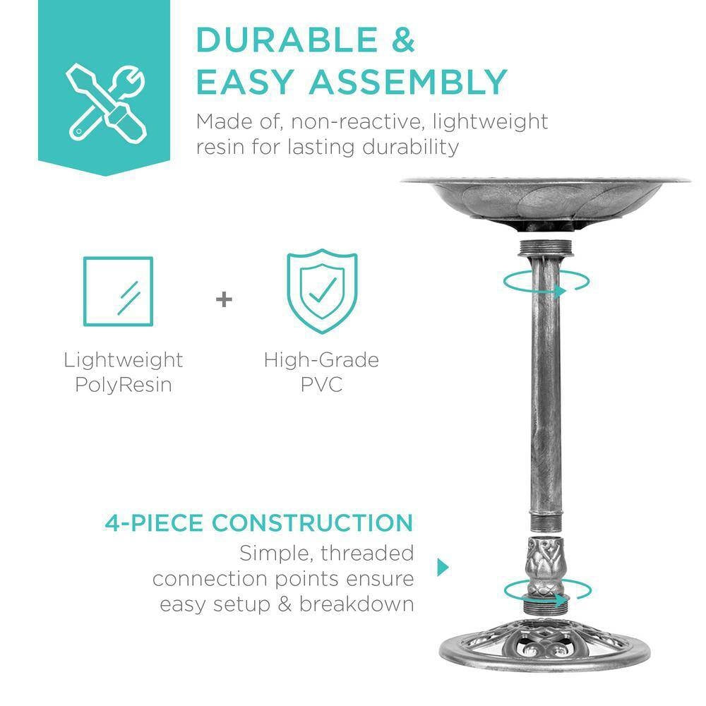 Outdoor Weather Resistant Polyresin Bird Bath in Rustic Aged Silver Finish FastFurnishings