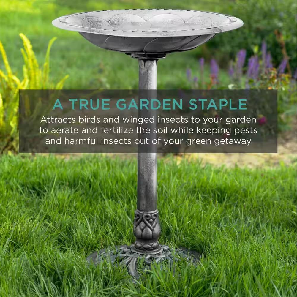 Outdoor Weather Resistant Polyresin Bird Bath in Rustic Aged Silver Finish FastFurnishings