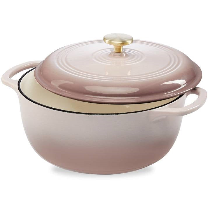 6 Quart Large Pink Beige Off-White Enamel Cast-Iron Dutch Oven Kitchen Cookware FastFurnishings