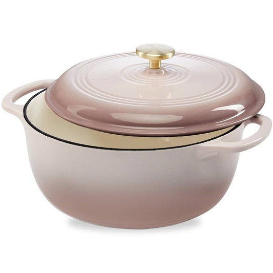 6 Quart Large Pink Beige Off-White Enamel Cast-Iron Dutch Oven Kitchen Cookware FastFurnishings