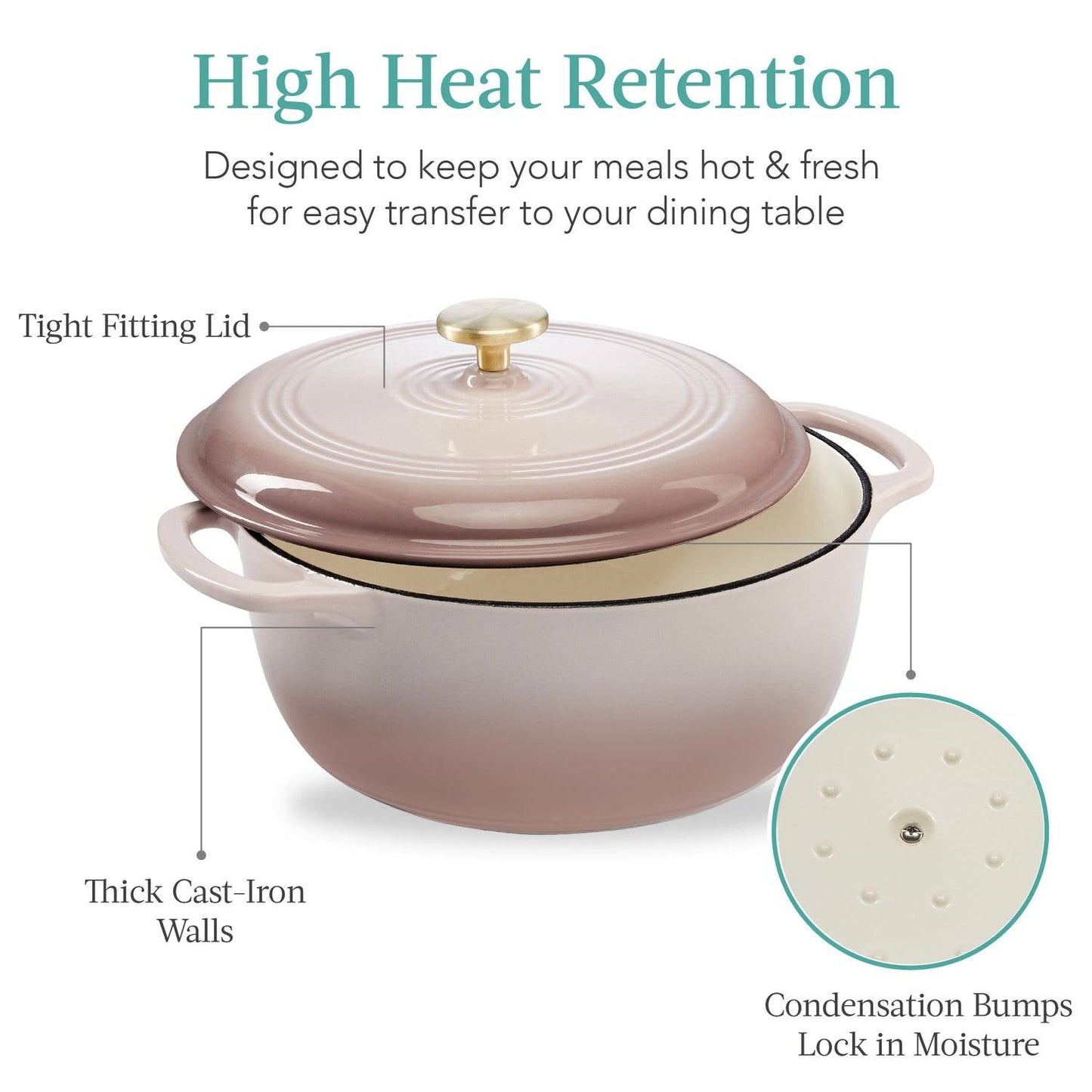 6 Quart Large Pink Beige Off-White Enamel Cast-Iron Dutch Oven Kitchen Cookware FastFurnishings