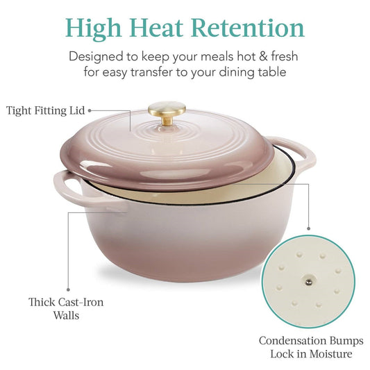 6 Quart Large Pink Beige Off-White Enamel Cast-Iron Dutch Oven Kitchen Cookware FastFurnishings