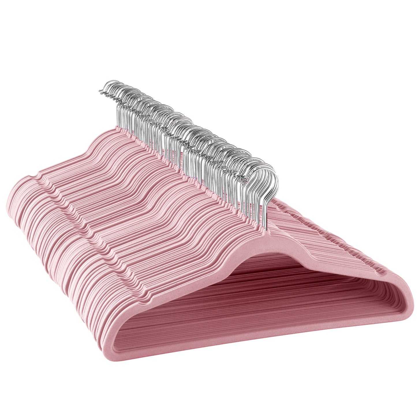 Elama Home 100 Piece Velvet Slim Profile Heavy Duty Felt Hangers with Stainless Steel Swivel Hooks in Pink W2B
