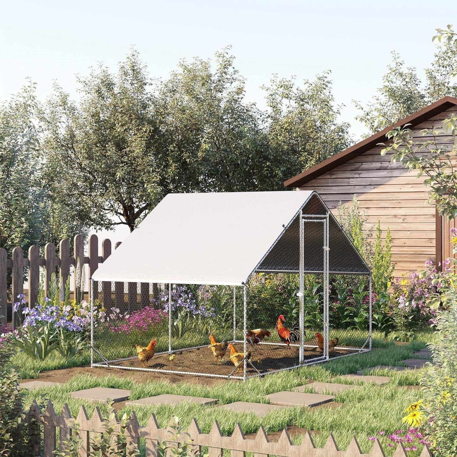 9.8 Ft x 6.6 Ft. Outdoor Yard Metal Walk-in Chicken Coop with Waterproof Cover FastFurnishings