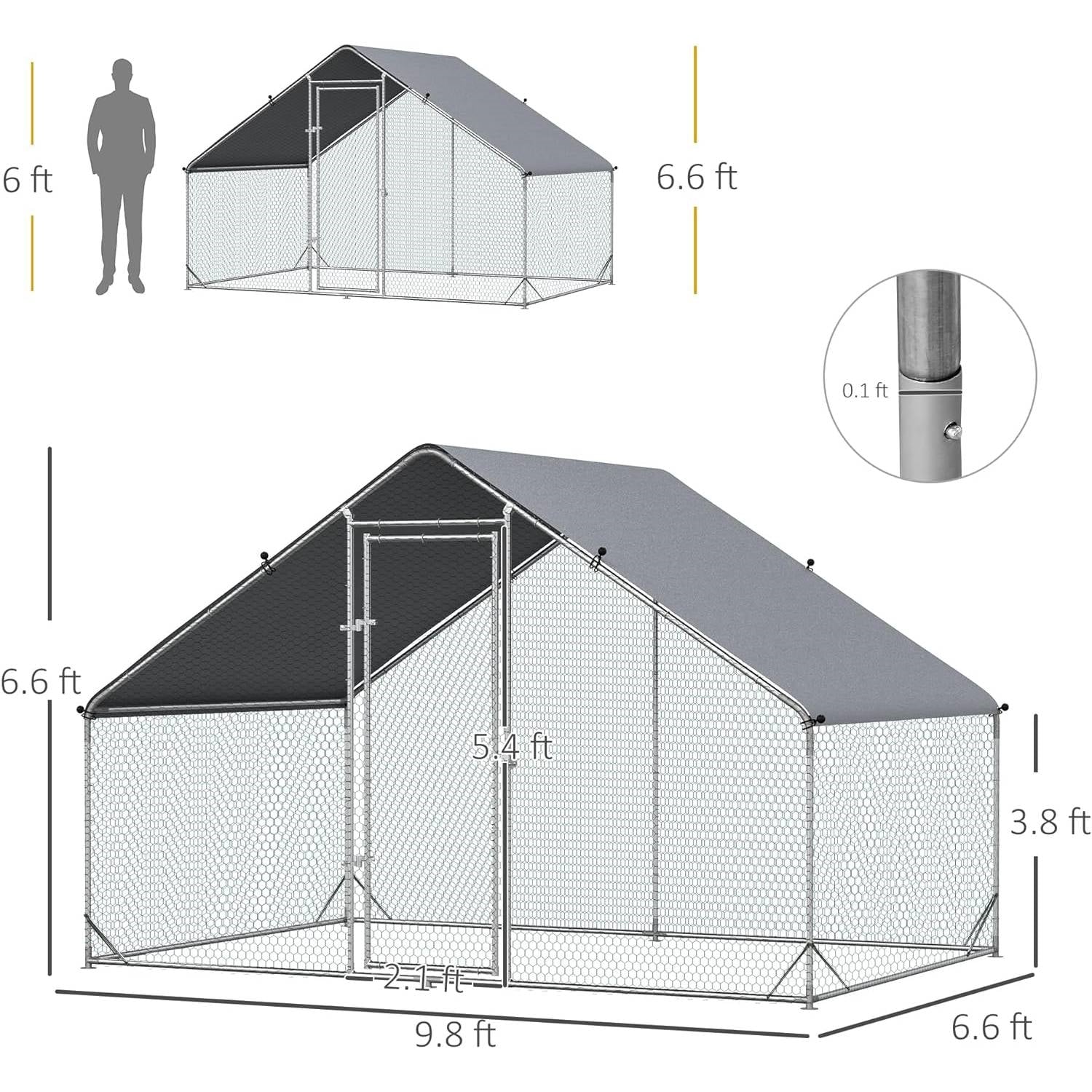9.8 Ft x 6.6 Ft. Outdoor Yard Metal Walk-in Chicken Coop with Waterproof Cover FastFurnishings