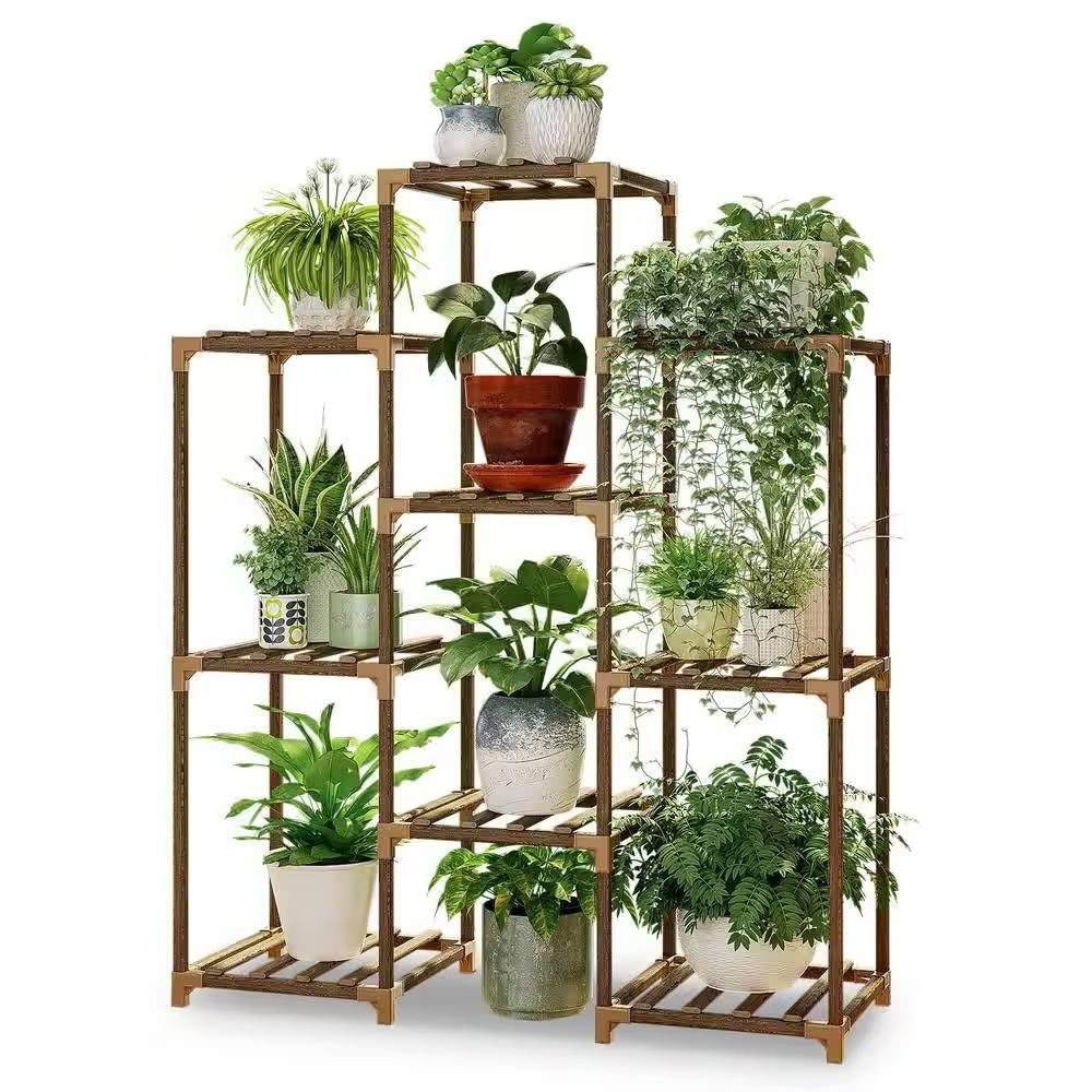 Natural Wood Bookcase Plant Stand Shelving Rack - Holds up to 9 Planters FastFurnishings