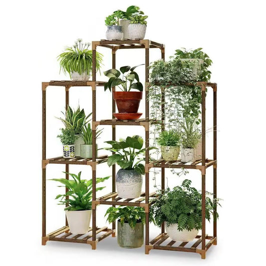Natural Wood Bookcase Plant Stand Shelving Rack - Holds up to 9 Planters FastFurnishings