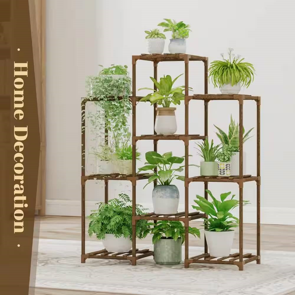 Natural Wood Bookcase Plant Stand Shelving Rack - Holds up to 9 Planters FastFurnishings