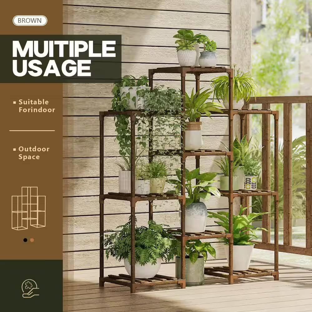 Natural Wood Bookcase Plant Stand Shelving Rack - Holds up to 9 Planters FastFurnishings