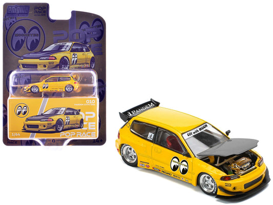Pandem Civic EG6 RHD (Right Hand Drive) "Mooneyes" Yellow with Carbon Hood "Enigma Exclusive Edition" 1/64 Diecast Model Car by Pop Race Pop Race